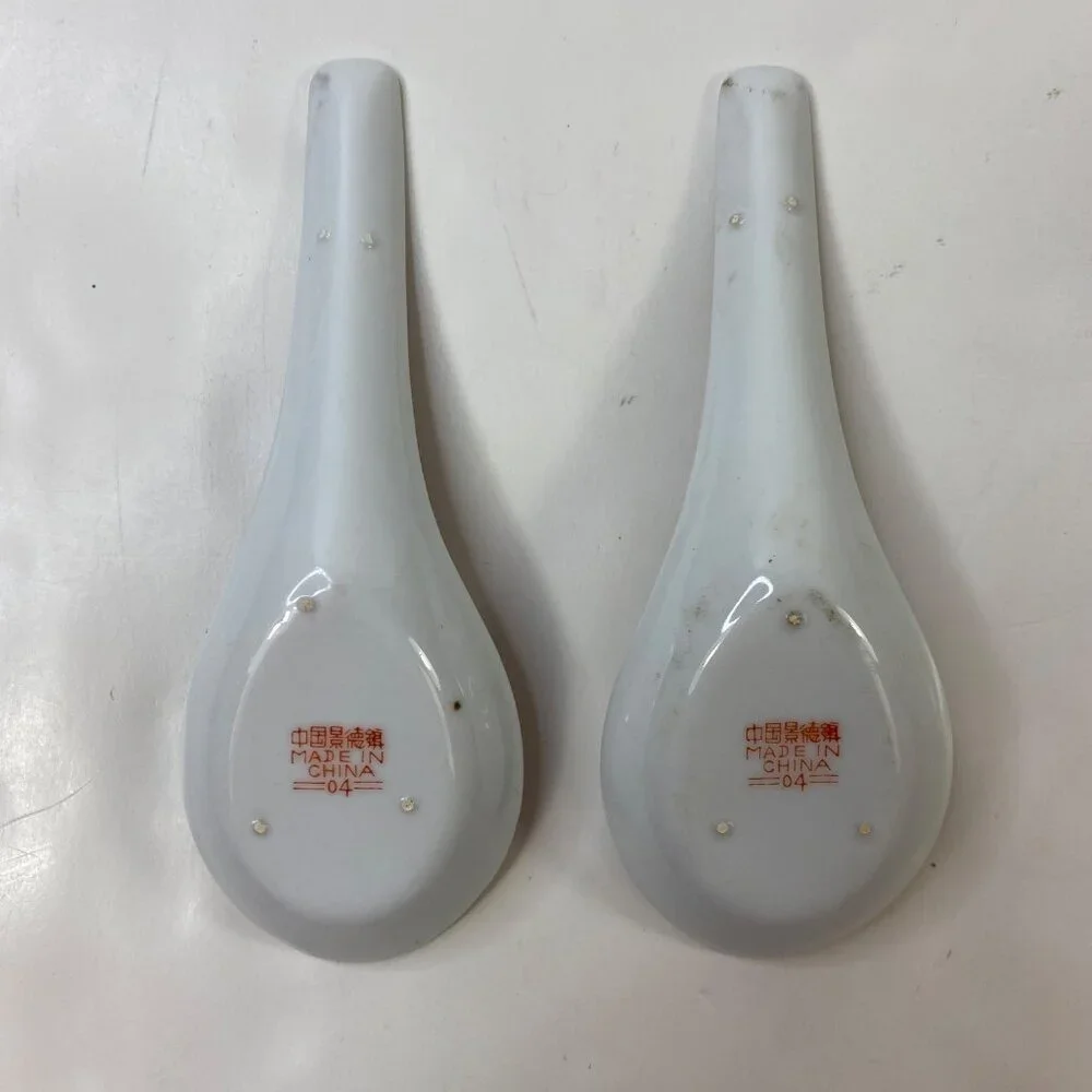 Set of 6 Porcelain Chinese Mun Shou Ceramic Soups Spoon Rice Eyes